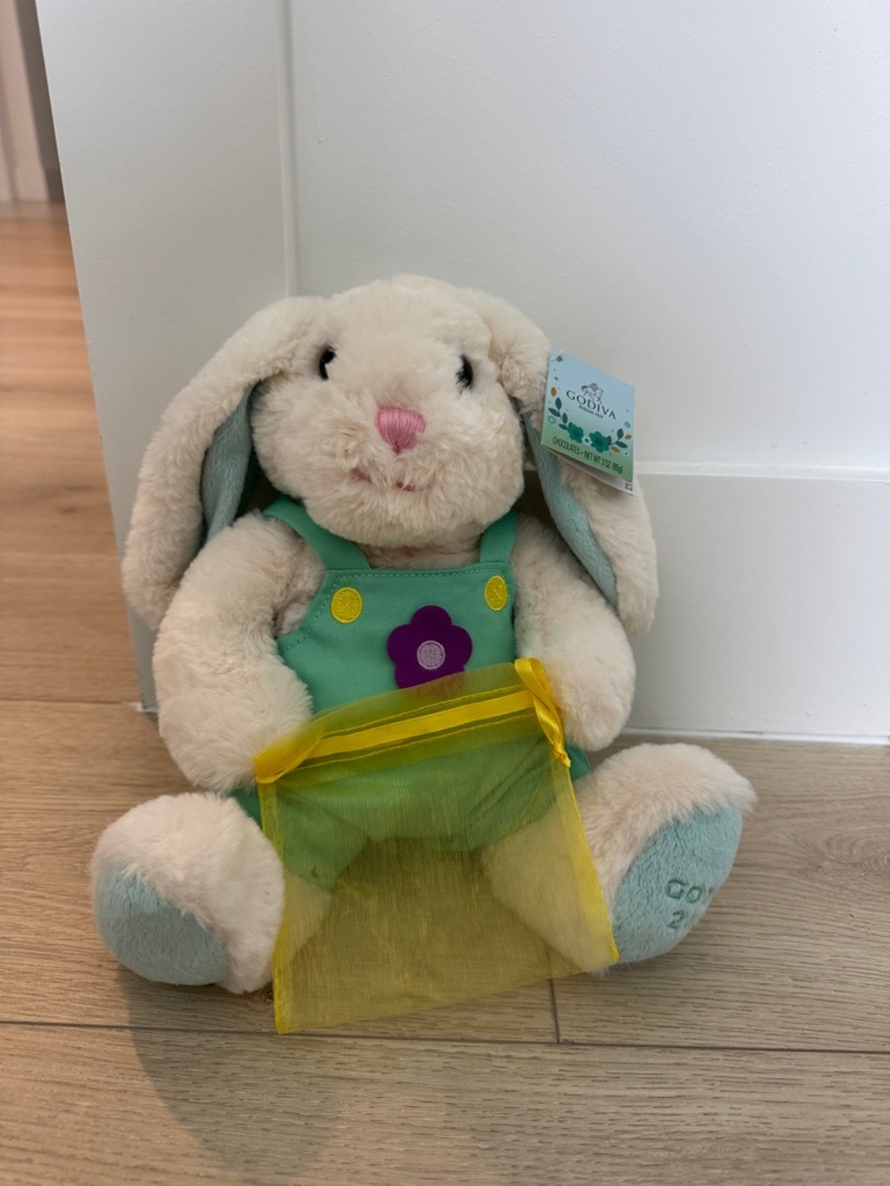 Godiva Diva Cream Plush Bunny with Mint Outfit and Purple Flower Easter spring